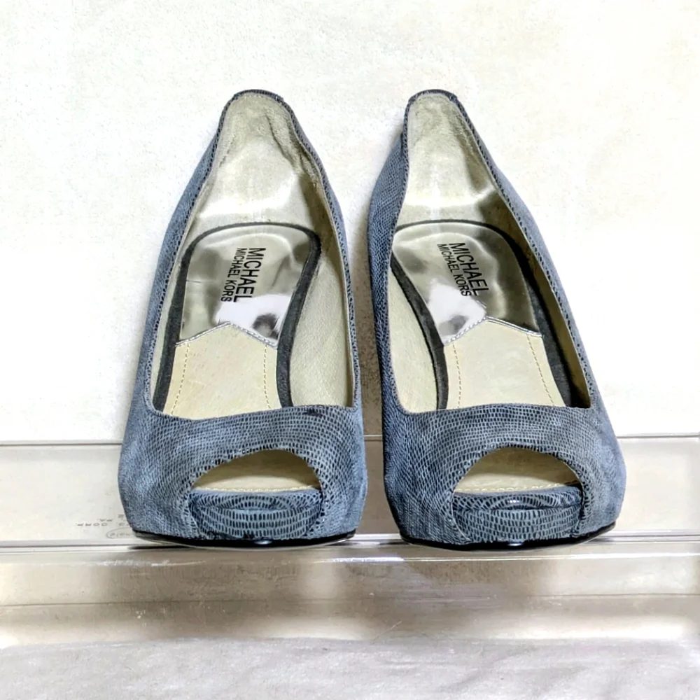 Michael Kors Leather Peep Toe Heels, Gray, Snakeskin Pattern, Business, Sz‎ 7.5